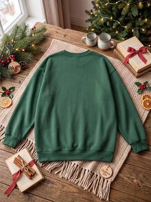 SHEIN EZwear 秋季新款聖誕口號彩色燈光印花圓領長袖寬鬆女款加厚衛衣，適合假期、秋季上衣，適用於日常通勤、約會、聚會，秋冬春夏、聖誕節、新年、感恩節、派對、新年 - 墨綠色 - 查看 4