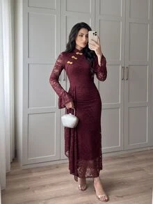 Celisse Women's Lace Patchwork Ruched Elegant Waist-Cinching Party Dress - Burgundy - View 4