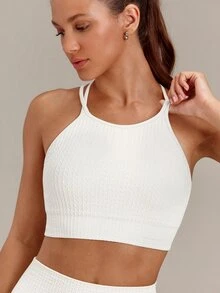 GLOWMODE Áo tank crop không đường may họa tiết Summer State Of Mind, thiết kế dây chéo lưng, có cúp ngực tháo rời, đồ tập yoga pilates studio cường độ thấp - trắng - Xem 4
