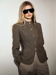 Aveloria Modichic Women's Jacket Padded Shoulder Cinched Waist Tweed Stand Collar Metal Button Slim Fit Flap Pockets Elegant Brown Herringbone Fall Clothes For Women - Multicolor - View 4
