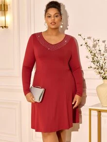 BrightlyHer Plus Size Burgundy Rhinestone V Neck Long Sleeve Dress Elegant Formal Party Evening Fall Winter 2026 Christmas - Burnt Orange - View 7