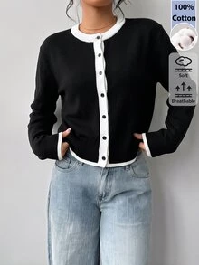 SHEIN BASICS Women's Korean Style Contrast Color Button Knit Thin Cardigan - Black - View 5
