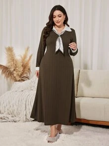 Lacomfia Gaun Kasual Minimalis Rajut Jacquard Colorblock Berkerah Lengan Panjang Pinggang Terikat Potongan A-Line Regular Fit Ukuran Plus untuk Musim Semi dan Gugur - Coklat - View 5