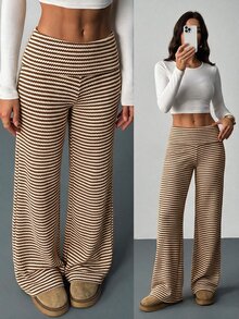 SHEIN Tall 女款休閒卡其色條紋長褲，適合上班與休閒穿著 - 棕色 - 查看 12
