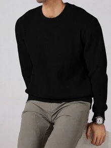 Manfinity Homme 男士純色圓領長袖休閒毛衣，秋冬款 - 黑色 - 查看 2
