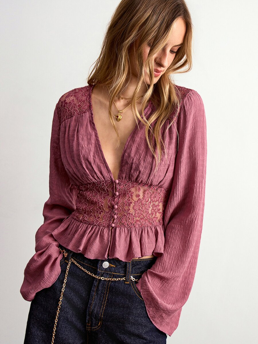 Willow Rêve Women's Pink V-Neck Lace Trim Patchwork Waist-Cinching Long Sleeve Blouse - Hot Pink - View 1