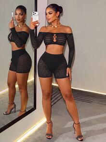 SHEIN BamGlam Women's Off-Shoulder Long Sleeve Cutout Design Cropped Top And Shorts Sexy Set - Black - View 3