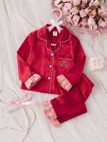 Girls' Solid Satin Ruffle Sleeve Long Sleeve Top And Pants With Pockets And Embroidery 2 Pieces Set, Spring/Autumn - Burgundy - View 4