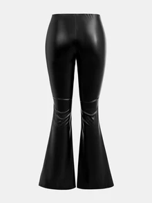 SHEIN 青少年女孩黑色PU休閒修身喇叭腿緊身褲 - 黑色 - 查看 5