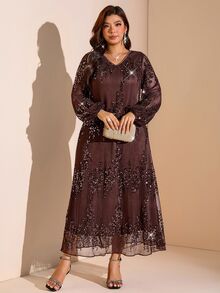 SHEIN LUNE Plus Size Women Solid Color Sequin V-Neck Lantern Sleeve Elegant Dress - Brown - View 3