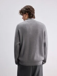 RONVEXI Men's Ribbed Minimalist Button Half-Placket Long Sleeve Sweater - Grey - View 3