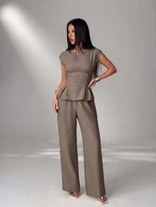 SHEIN PETITE Women's Solid Color Pleated Top And Pants Casual Daily 2 Pieces Set - Coffee Brown - View 4