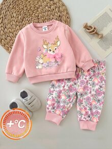 SHEIN Newborn Baby Deer Print Long Sleeve Sweatshirt And Floral Print Long Pants Casual Set - Pink - View 1
