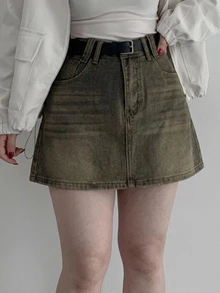 Dazy Plus American Retro Denim Skirt Women New Distressed High Waist A-Line Mini Skirt - Khaki - View 7