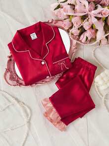 Girls' Solid Satin Ruffle Sleeve Long Sleeve Top And Pants With Pockets And Embroidery 2 Pieces Set, Spring/Autumn - Burgundy - View 1