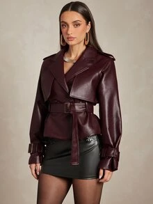 Silquee Women's Fashion PU Material Metal Buckle Long Sleeve Trench Coat - Burgundy - View 7