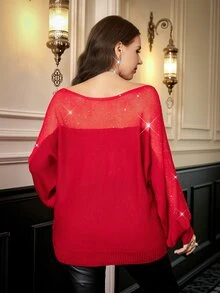 SHEIN Clasi Plus Size Fashion Versatile Sequin Long Sleeve Knit Top - Red - View 2