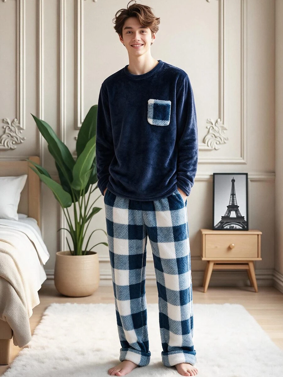 SHEIN Teen Boy Crew Neck Long Sleeve Top And Plaid Long Pants Loungewear - Multicolor - View 1
