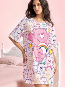 SHEIN X Care Bears 女款卡通印花圓領睡裙，適合日常穿著 - 粉色 - 查看 4