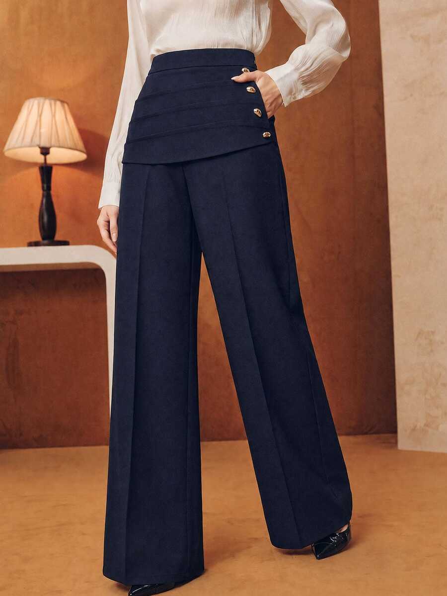 Anewsta Spring/Autumn Elegant High Waist Pleated Waistband Side Button Straight Leg Dress Pants, Suitable For Commute, Daily And Date - Navy Blue - View 1