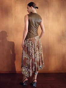 MOTF PREMIUM WOMEN'S PATCHWORK POLKA DOT CHAIN PATTERN 2 IN 1 SLEEVELESS DRESS - Coffee Brown - View 7