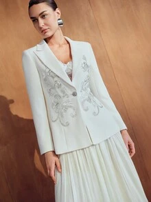 MOTF PREMIUM WOMEN'S HEAVY EMBROIDERY LAPEL DEEP V-NECK DOUBLE-BREASTED LIGHT CEREMONIAL BLAZER, AUTUMN/WINTER - Beige - View 6