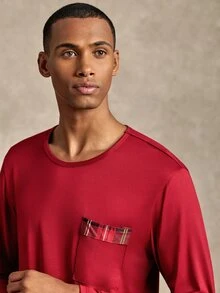 EverLounge Men's Plaid Pocket Top And Pants Loungewear Set - Red - View 6