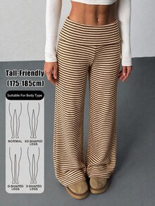 SHEIN Tall 女款休閒卡其色條紋長褲，適合上班與休閒穿著 - 棕色 - 查看 1