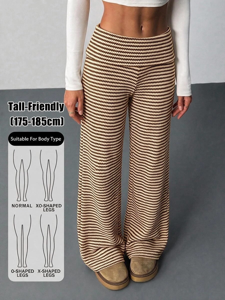 SHEIN Tall 女款休閒卡其色條紋長褲，適合上班與休閒穿著 - 棕色 - 查看 1