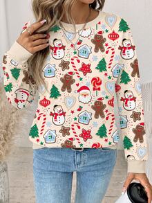 EMERY ROSE Women's Thick Santa Claus & Gingerbread Man Print Crew Neck Long Sleeve Sweatshirt Sweatshirt - White - View 2