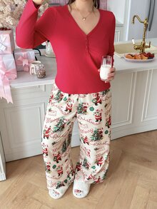 Slumberry CURVE Plus Size Women Solid Color Button Design Long Sleeve Top And Santa Claus Print Pants Pajama Set - Multicolor - View 2