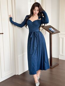 Feyla Metal Decor Hollow Long Sleeve Flared Pink Starry Blue Knit Women's Dress - Blue - View 5