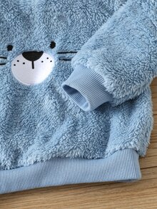 男嬰卡通動物圖案抓絨內裡加厚圓領長袖套頭衛衣與鬆緊腰長褲2件套 - 藍色 - 查看 4