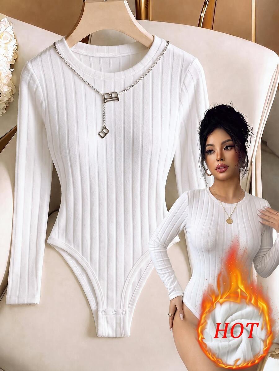 SHEIN LUNE Women Round Neck Ribbed Long Sleeve Bodysuit Slim Stretch Basic Daily Top - Apricot - View 1