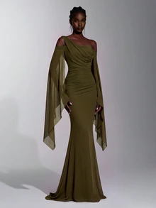 Elitara Elegant Classical Elastic Asymmetrical Shoulder Draped Neckline Ruched Waist Bodycon Long Dress, Suitable For Festivals, Celebrations, Weddings, Balls, Concerts, Business Guest Banquets, Internet Celebrity Events, Women's Formal Evening Gown - Army Green - View 6
