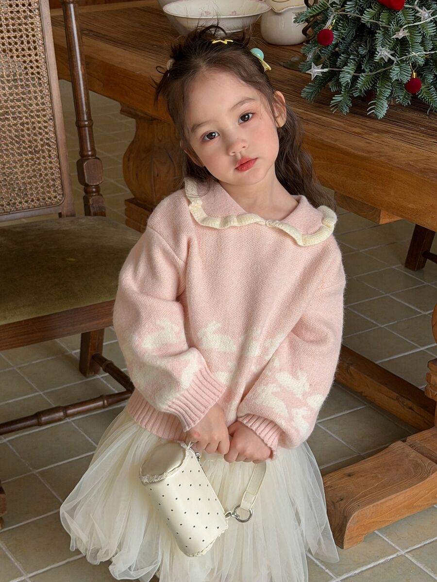 DAZY 嬰兒/幼兒(女童)翻領秋冬長袖卡通毛衣 - 粉色 - 查看 1