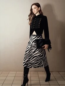 MOTF PREMIUM ZEBRA PRINT PATCHWORK PU MID-LENGTH A-LINE WOMEN'S SKIRT - Black and White - View 6