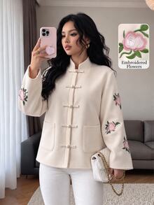 Modelyn New Woven Non-Stretch Wool Blend Long Sleeve Embroidered National Style Elegant Commute Versatile Fashion Korean Style Open Front Women's Wool Cardigan - Apricot - View 4