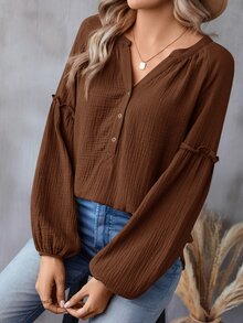 SHEIN LUNE Notched Neckline Lantern Sleeve Blouse,Casual - Brown - View 8
