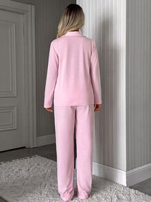 SHEIN Women Binding Detail Short Sleeved & Long Bottom Homewear Pajama Set - Pink - View 2