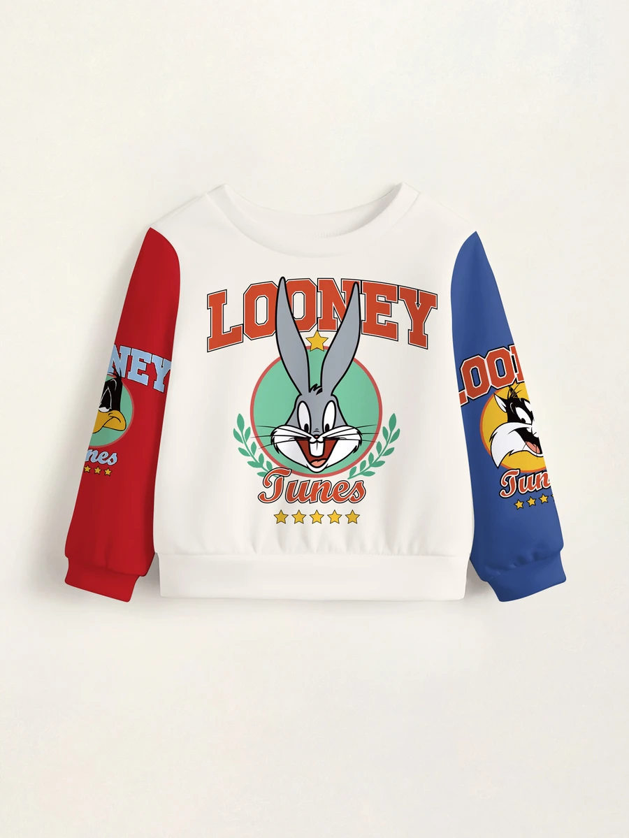 LOONEY TUNES X SHEIN 男嬰字母卡通圖案休閒日常長袖運動衫 - 白色 - 查看 1