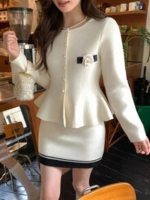 DAZY Women's French Style Button Ruffle Hem Sweater And Striped Knit Skirt 2 Pieces Set - Black and White - View 10