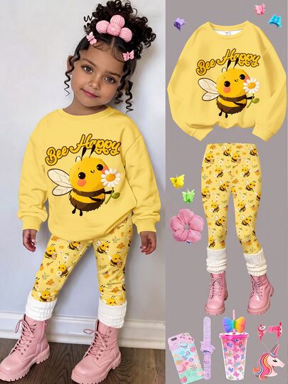 Warna Kuning Lemon Vintage & Motif Bunga Lebah Kartun Super Lucu, Set Baju Sweatshirt Leher Bulat Longgar Minimalis Kasual untuk Bayi Perempuan & Celana Panjang Pinggang Elastis, Cocok untuk Musim Gugur/Dingin dengan Lapisan Termal, Gaya Korea, Nyaman, Pakaian Anak Modis, Y2K, Kawaii, Pesta, Sehari-hari, Liburan, Lucu, Nyaman.