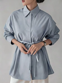 Dazy-Less 女款寬鬆商務休閒辦公通勤長袖襯衫，附腰帶抽繩繫帶設計，極簡純色，春秋款 - 藍色 - 查看 1