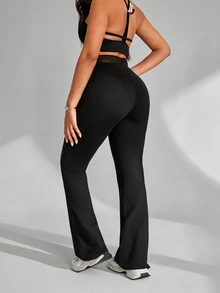Slayform Women's Solid Color Contrast Lace Flare Leg Sports Pants - Black - View 2