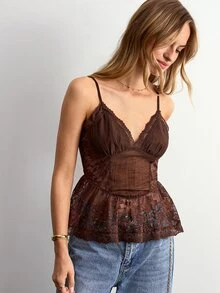 Willow Rêve Dambrunt spetslinne med volangkant, modekamisole - Brun - Visa 4