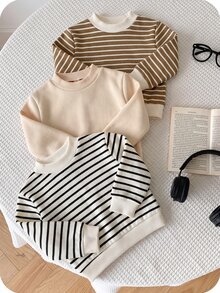 SHEIN 3件組嬰兒男/女童休閒基礎條紋圓領衛衣，秋冬中性嬰兒服飾 - 彩色 - 查看 3