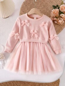 SHEIN Playful Pals 1件女童蝴蝶結裝飾圓領長袖網紗下擺洋裝，清新優雅時尚，可愛甜美，適合秋冬穿著 - 粉色 - 查看 1