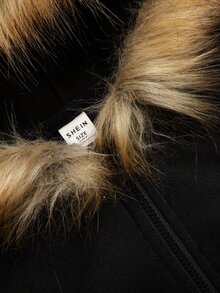 SHEIN جاكيت كارديجان بغطاء رأس فرو كاجوال للفتيات المراهقات، ديكور أطفال، أسود سادة، خريف/شتاء - الأسود - مشاهدة 8