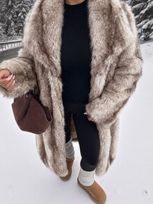 SHEIN EZwear Women's New Brown Long Faux Fur Collar Coat, Winter - Beige - View 3